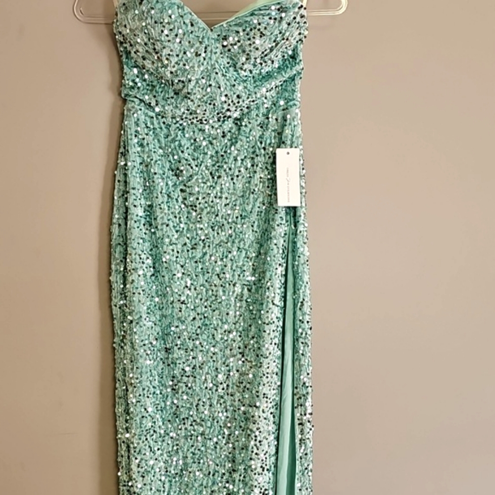 NET Beautiful, Sequin Strapless Gown in a Minty Green, size Small